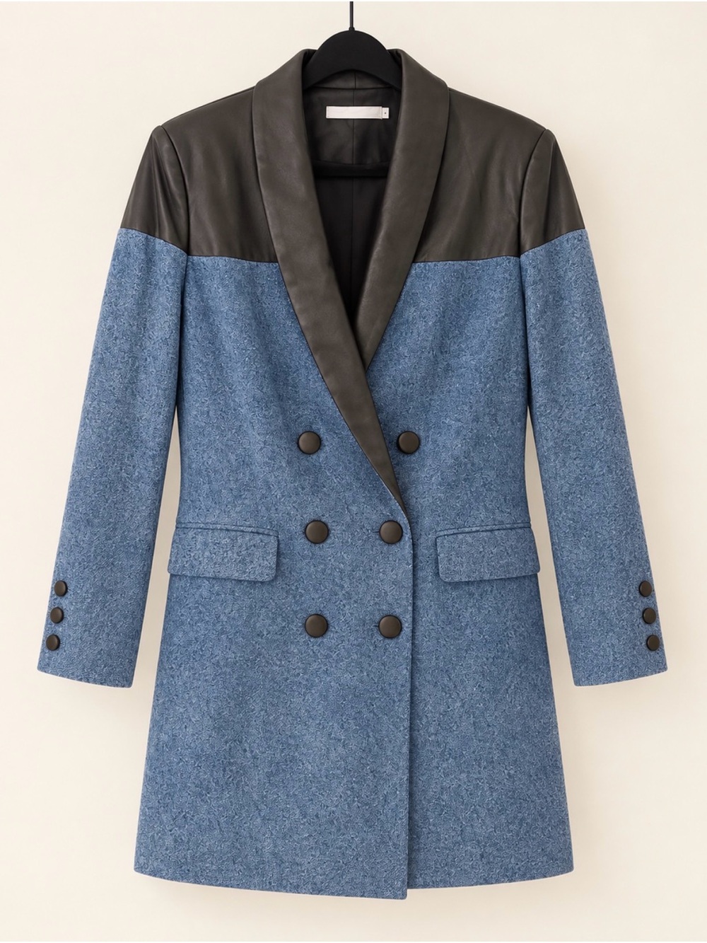 Blue Faux Leather Double Breasted Blazer